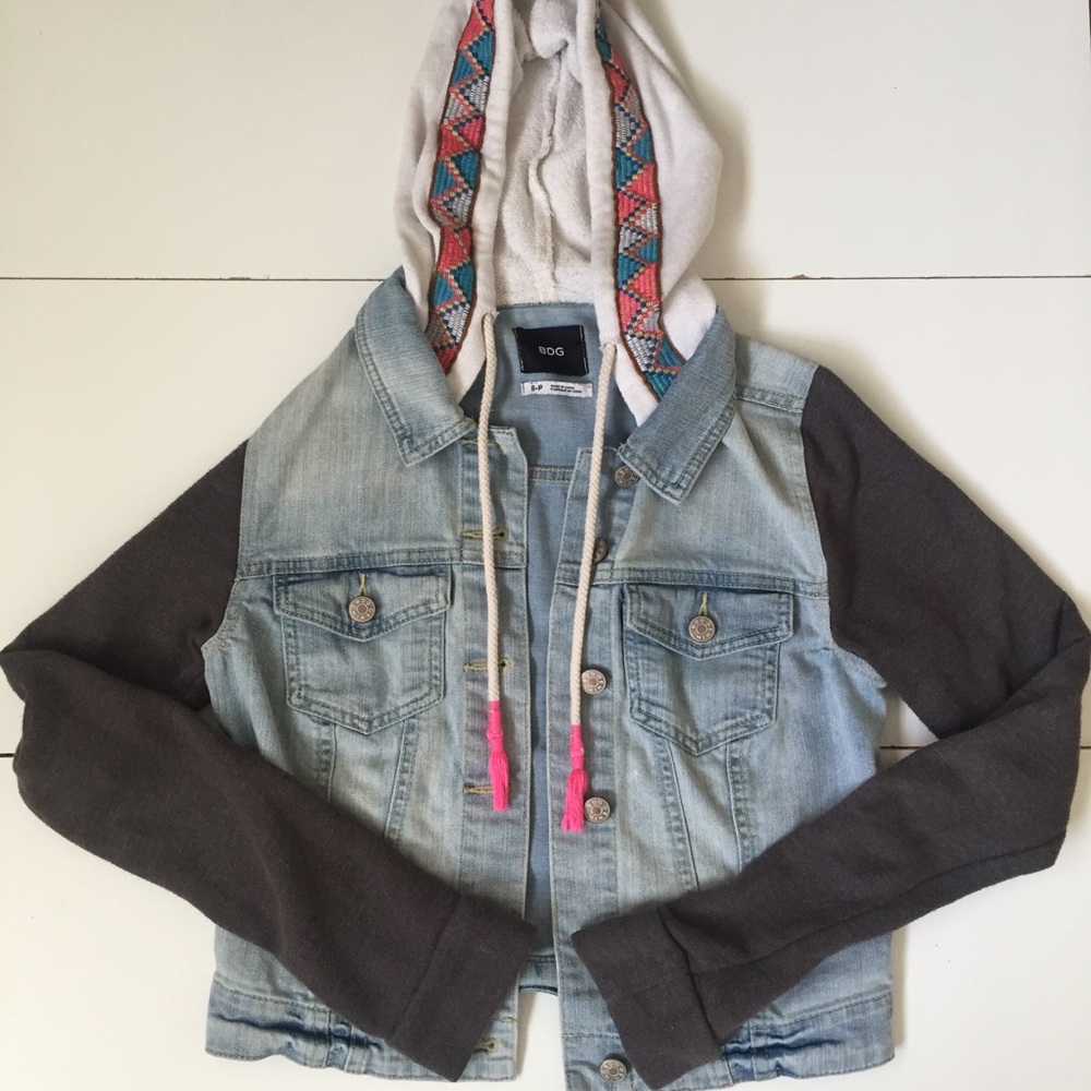 UO Hooded Denim Jacket with Sweater Sleeves